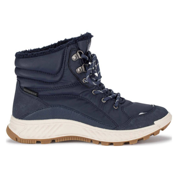 A Baretraps Maine Midnight winter boot with laces and a faux fur lined interior and a tan sole displayed against a white background.