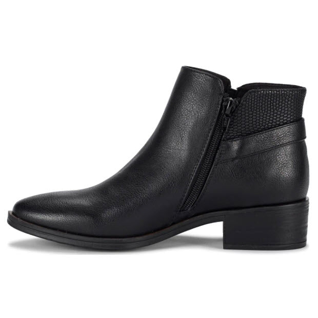 Baretraps black faux leather ankle boot with a side zipper and low block heel.