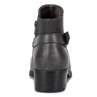 Back view of a Baretraps MARCONI BLACK - WOMENS faux leather ankle boot with a buckle strap.