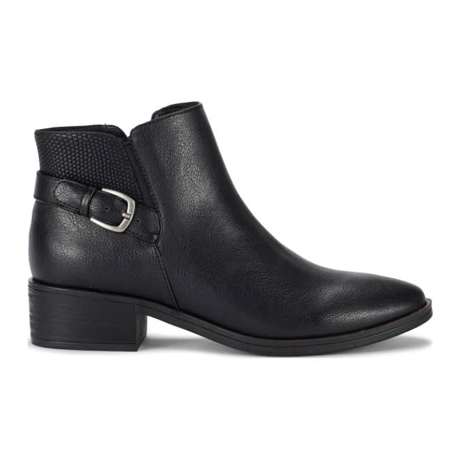 Baretraps Marconi black block heel ankle boot with buckle detail and a faux leather upper.