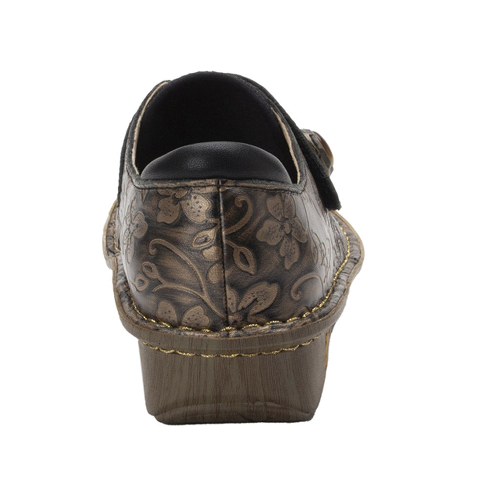 Rear view of a women&#39;s Alegria Brenna Peaceful Easy shoe with floral patterns and stitched details.