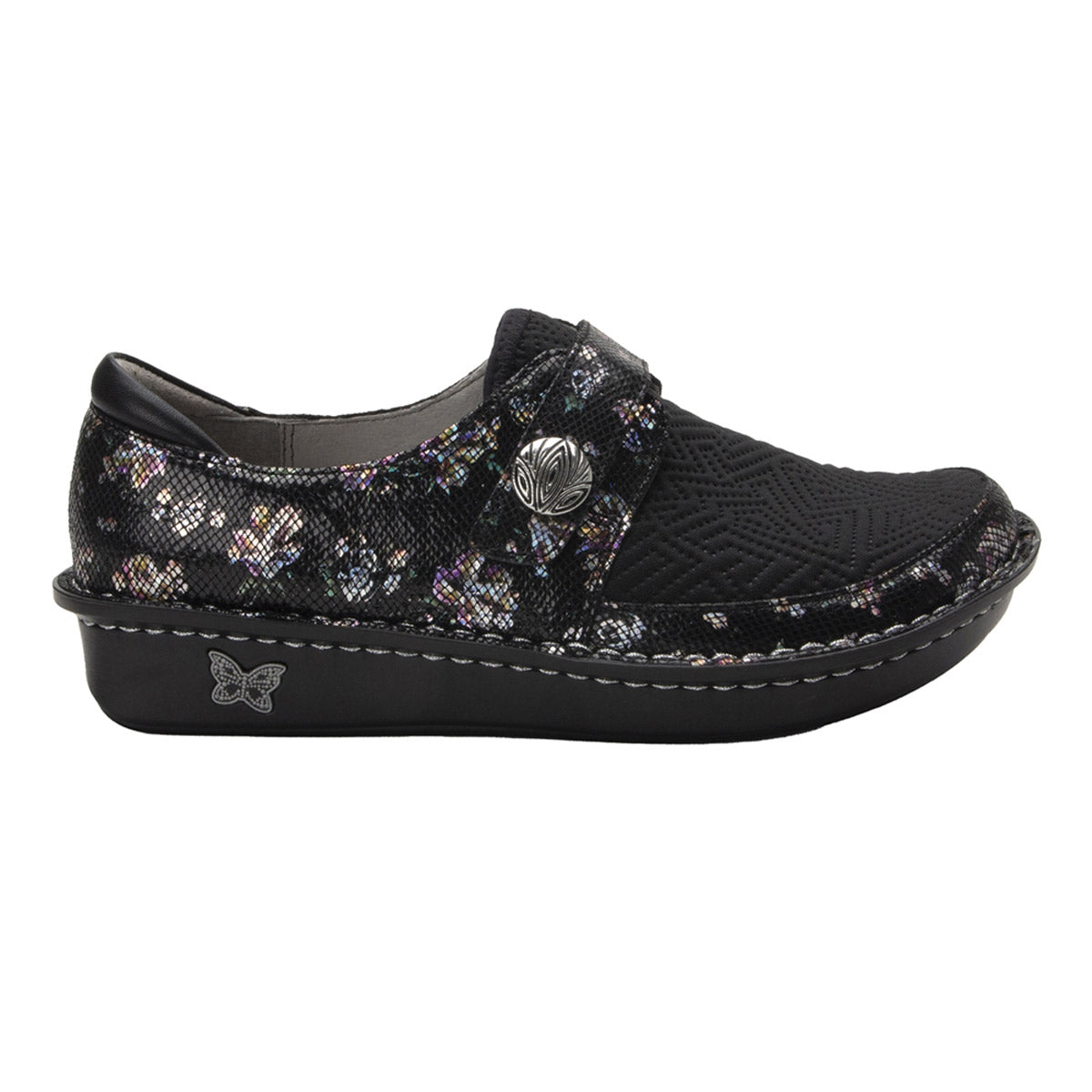 A black Alegria Brenna Wilder shoe with a pattern on it, featuring Dream Fit technology.