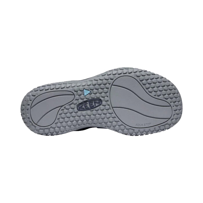 Sole of a KEEN SOLR SANDAL NAVY - MENS featuring tread pattern, Keen logo, and amphibious grip.