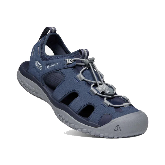 Keen navy blue water-use sandal with adjustable straps on a white background.