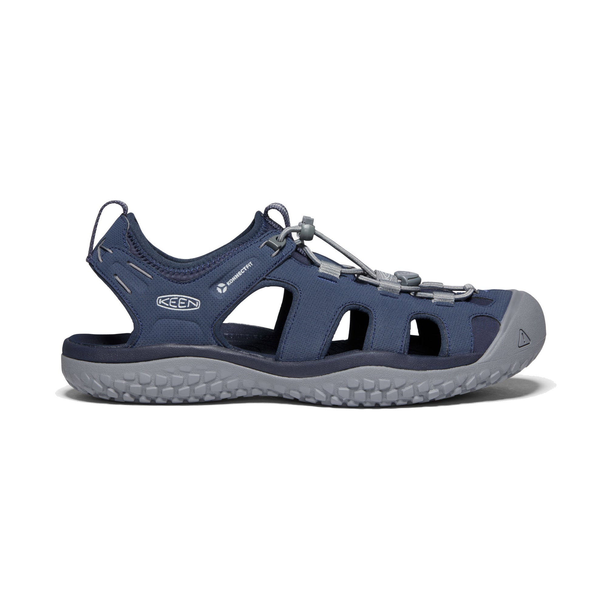 Sporty blue water-use sandal with a closed toe cap, adjustable straps, and amphibious grip on a white background. - Keen Solr Sandal Navy - Mens