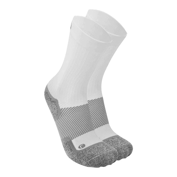 White and gray OS1ST Wide Fit WP4+ Wellness Crew Sock with reinforced heel and toe areas.