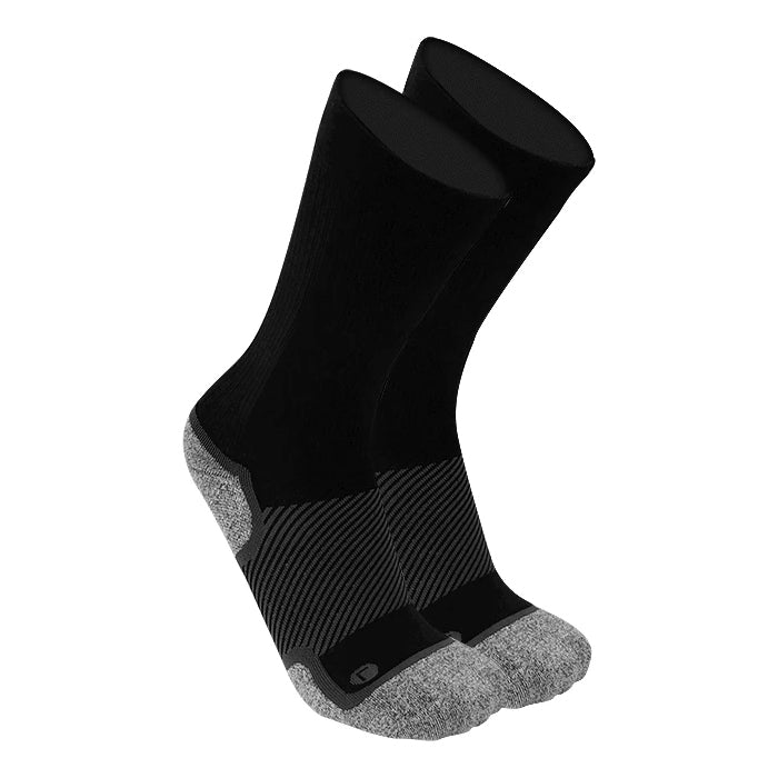 A single OS1ST WIDE FIT WP4+ WELLNESS CREW SOCK BLACK with a reinforced grey toe and heel area, designed as an extra-wide fit.