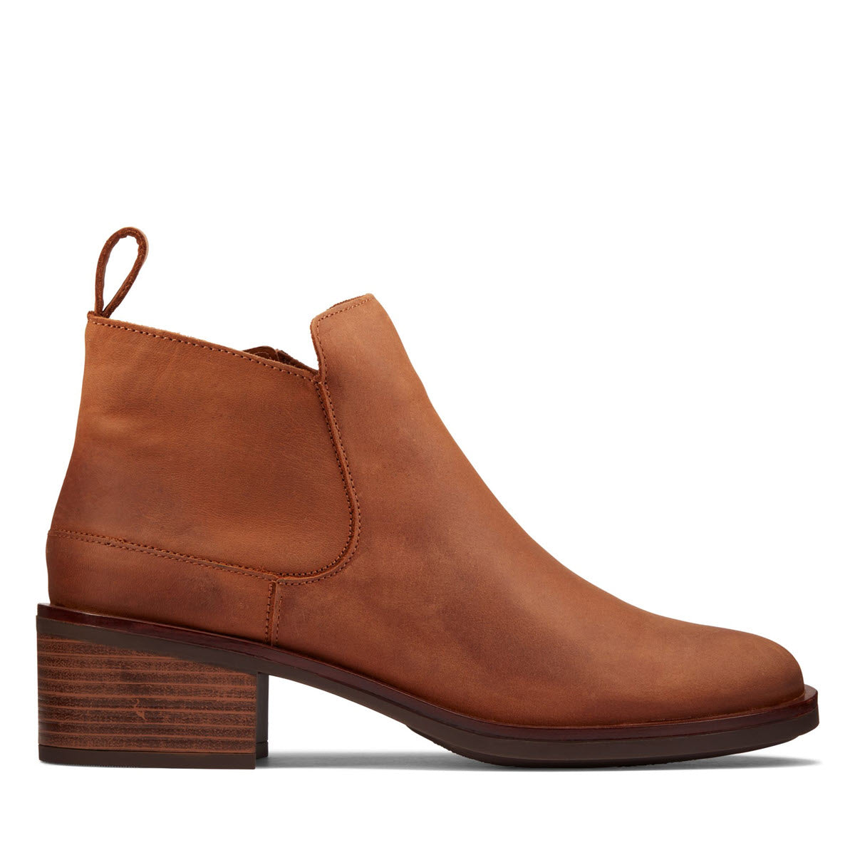 A Clarks brown leather chelsea ankle boot with a low block heel and Cushion Plus footbed.