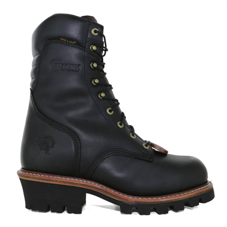 Chippewa steel toe 9" waterproof insulated logger black work boot with laces on a white background.