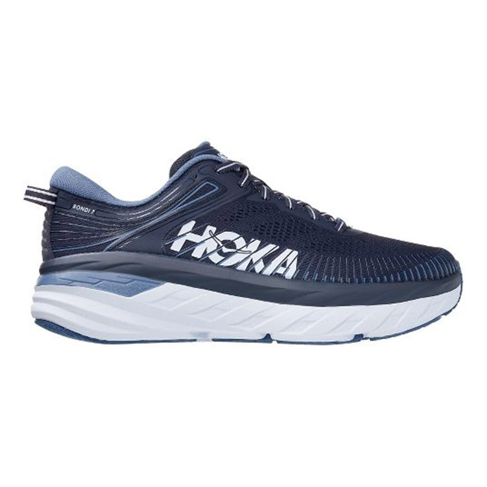 A single navy blue HOKA BONDI 7 OMBRE BLUE - MENS running shoe with white sole, featuring Meta-Rocker technology, displayed against a white background.