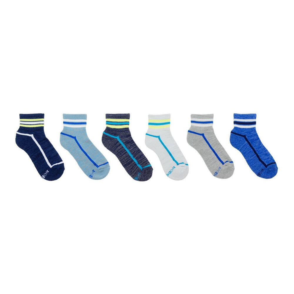 A selection of eight Robeez quarter socks in various blue, gray, and white patterns with comfort toe seam displayed side by side on a white background.