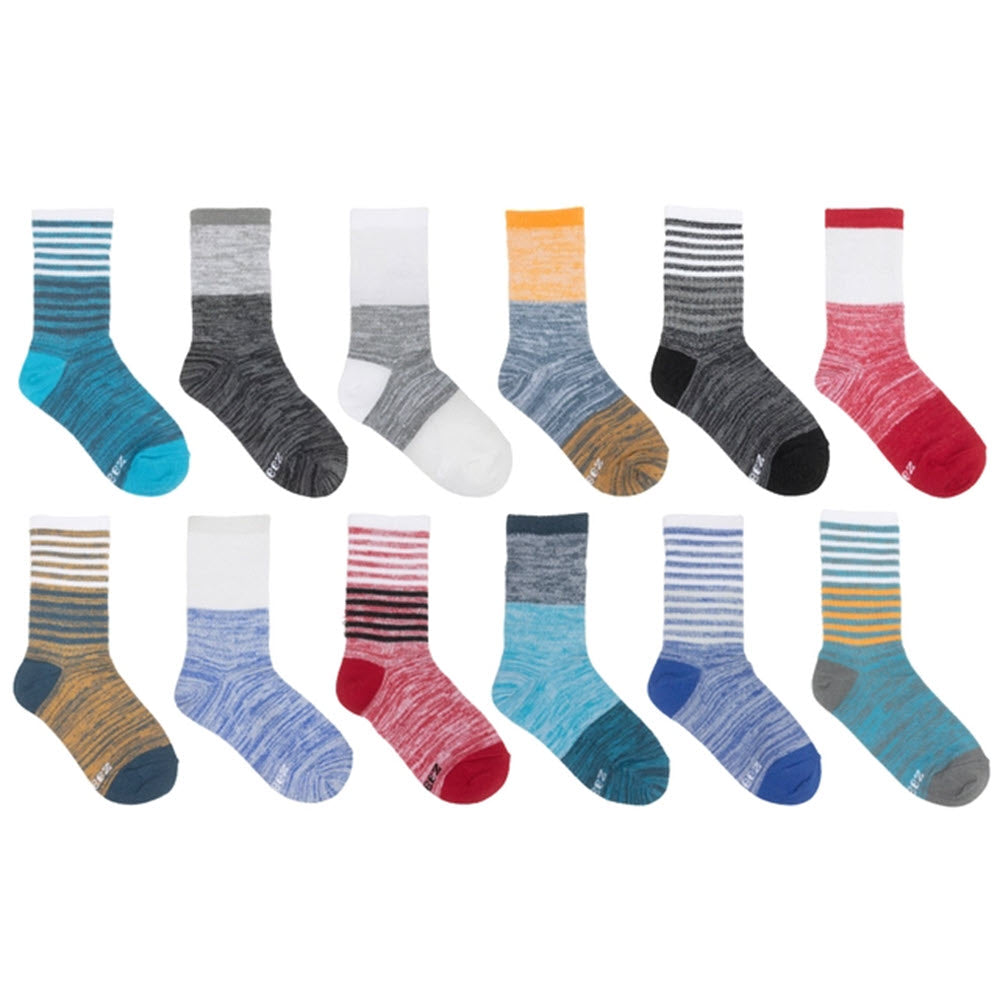 A collection of twelve pairs of Robeez CREW BOYS COLORBLOCK socks made from recycled plastic bottles through Repreve technology, featuring stripes in various colors displayed in neat rows.