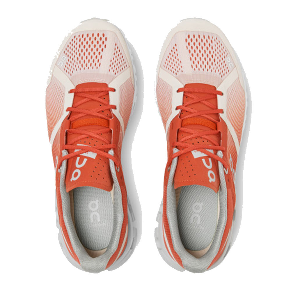 A pair of new red and white On Running Cloudflow running shoes, made with breathable engineered mesh, viewed from above.
