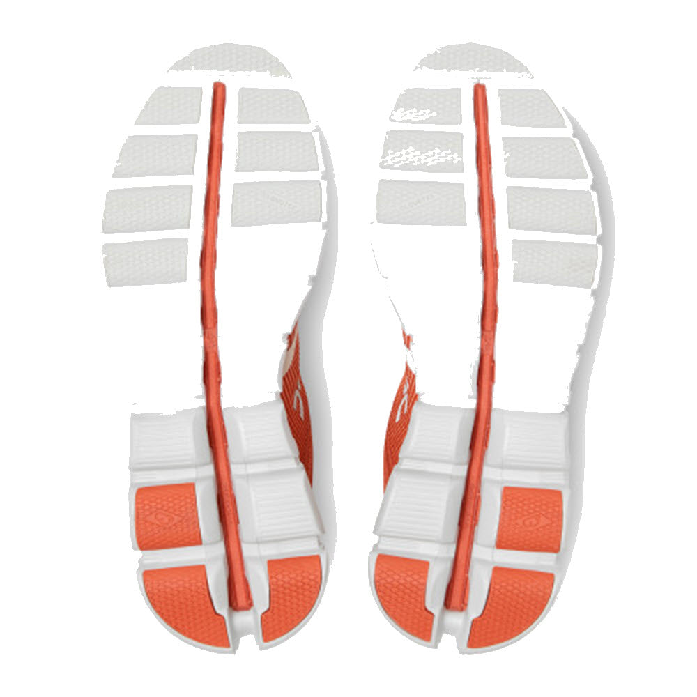 A pair of flip-flops with white straps and soles, featuring orange accents and breathable engineered mesh, viewed from below, ON RUNNING CLOUDFLOW RUST/ROSE - WOMENS by On Running.