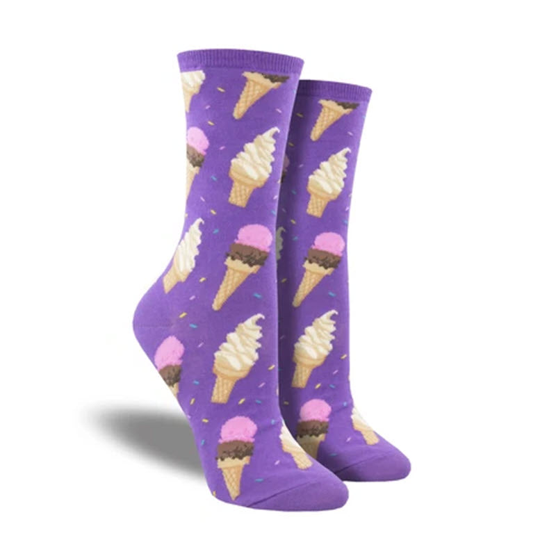 A pair of SOCKSMITH I SCREAM PURPLE crew socks adorned with ice cream cone patterns, suitable for women's shoe size 5-10, from the Socksmith collection.