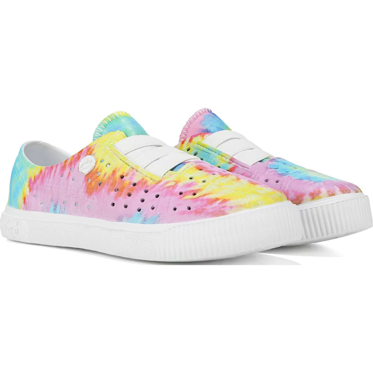 A pair of colorful tie-dye Blowfish Rio Slip On sneakers with white soles, straps, and a cushioned insole.