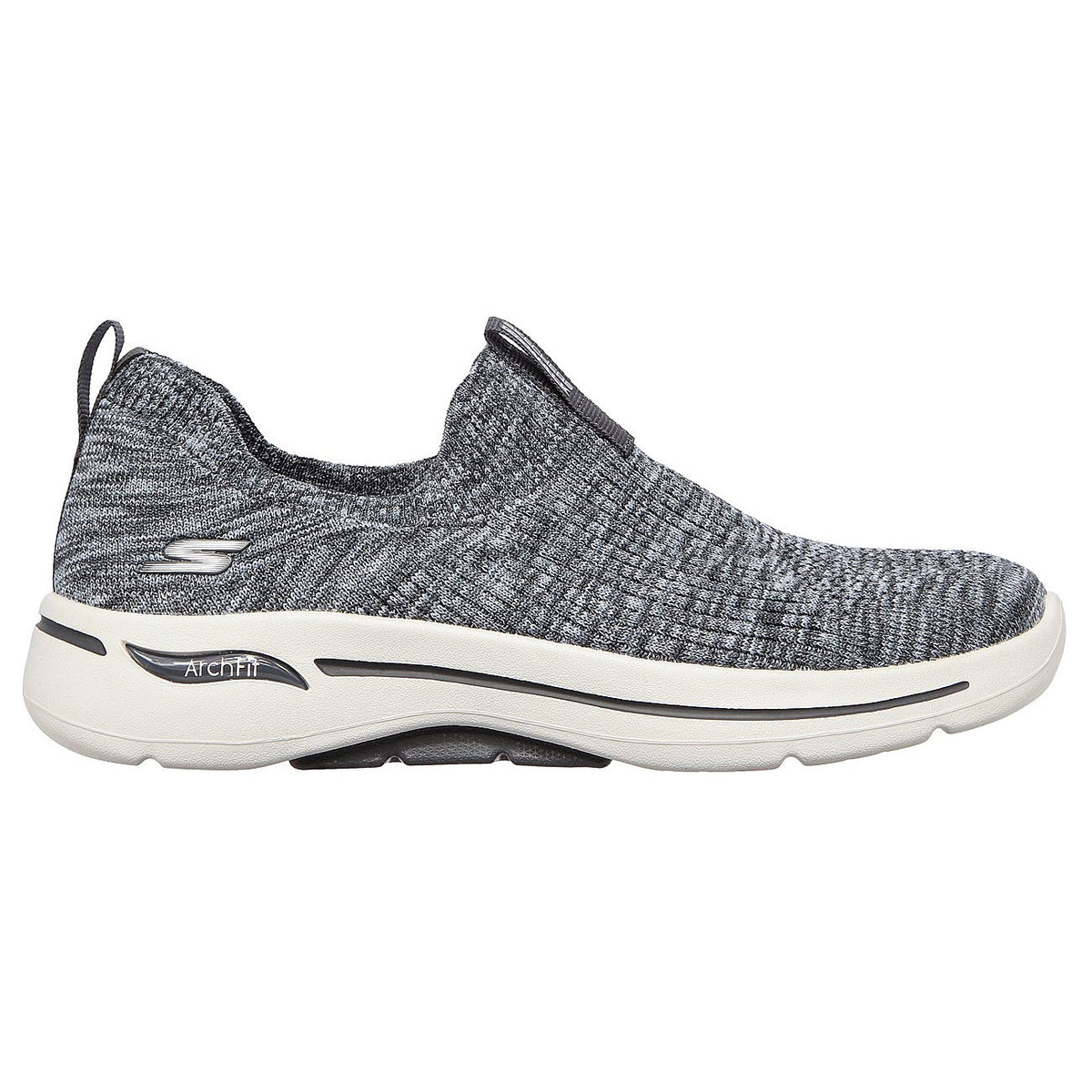 Side view of a Skechers GO WALK ARCH FIT Grey/Blue slip-on sneaker with white sole, featuring Stretch Fit.