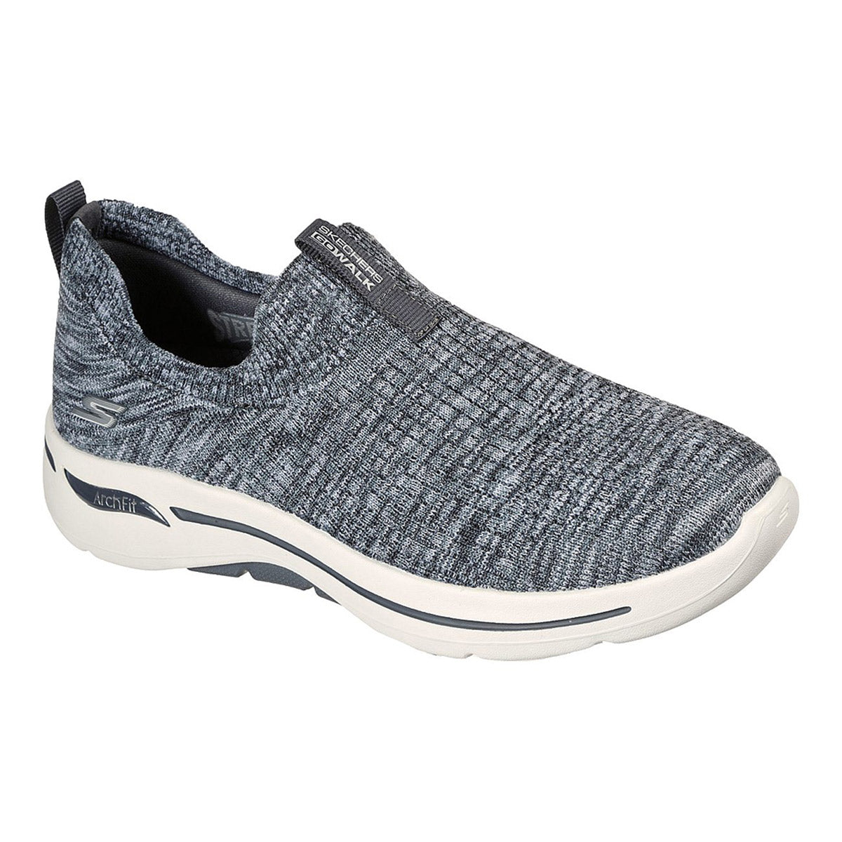 A single grey and blue Skechers Go Walk Arch Fit slip-on sneaker with a knit upper and memory foam insole.