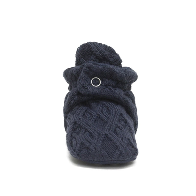 A single Robeez navy blue sweater knit bootie displayed against a white background.