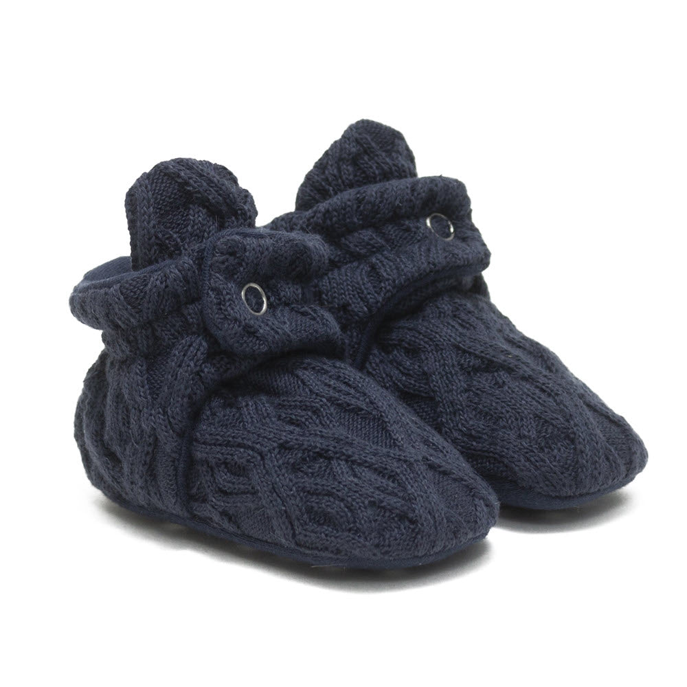A pair of Robeez Navy Sweater Knit Baby Booties.