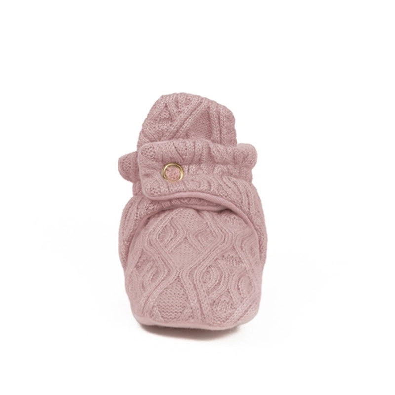 A single Robeez Snap Booties Light Pink sweater knit baby mitt on a white background, ensuring baby feet warmth.