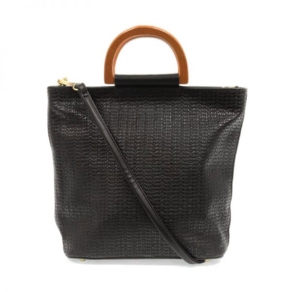 JOY SUSAN WOVEN TOTE WOOD HANDLE BLACK with brown real wood handles and a detachable crossbody strap.
