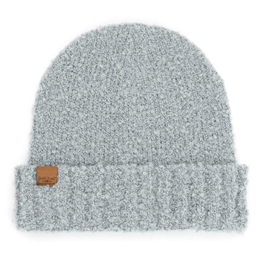 Britts Knits Common Good Beanie Hat in Light Grey with a vegan suede patch.