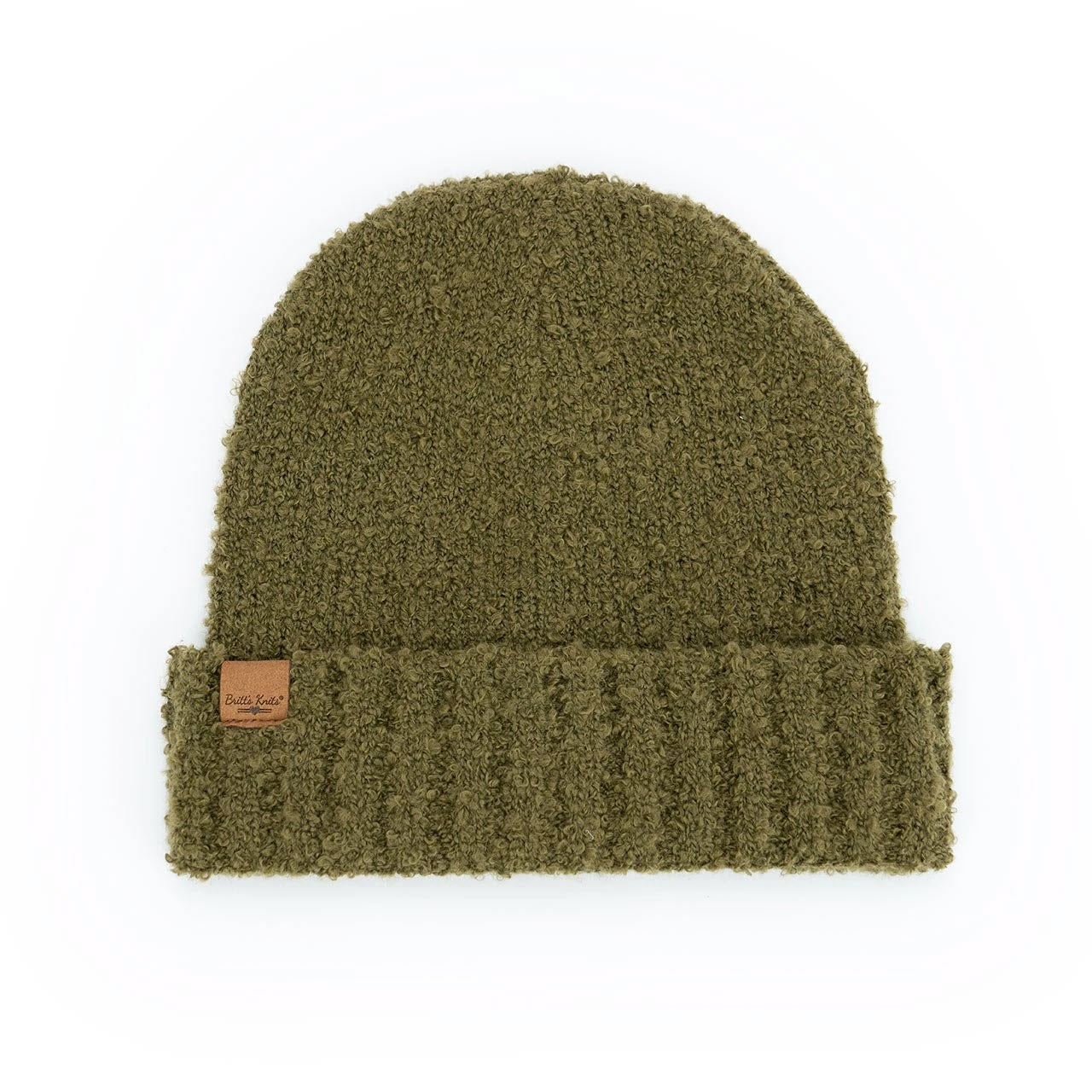 Britts Knits olive green eco-friendly knit beanie hat with a classic cuff and a small brown vegan suede logo patch.