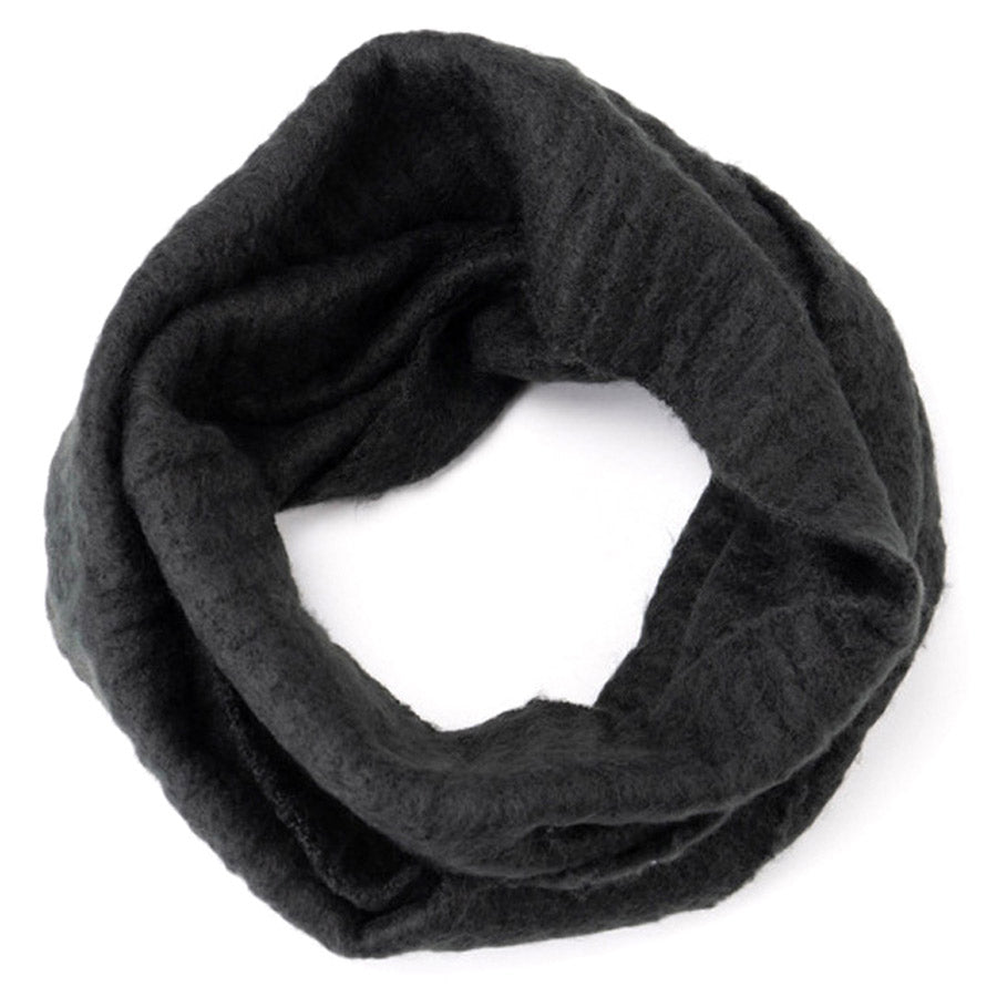 A black, circular Britts Knits Infinity Scarf laid out on a white background.