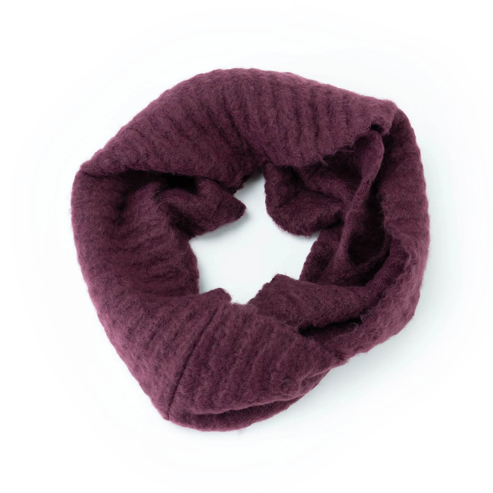A purple Britts Knits Infinity Scarf Wine with a double loop infinity design, isolated on a white background.