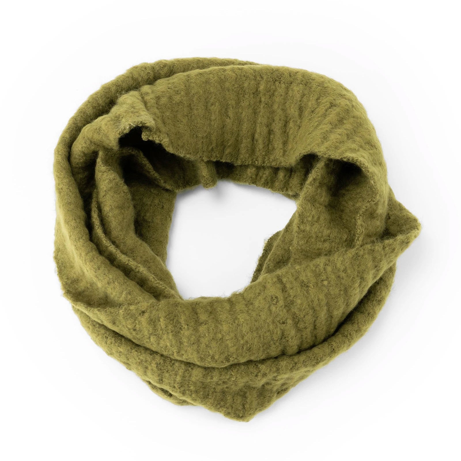 Britts Knits Olive green eco-friendly knit infinity scarf on a white background.