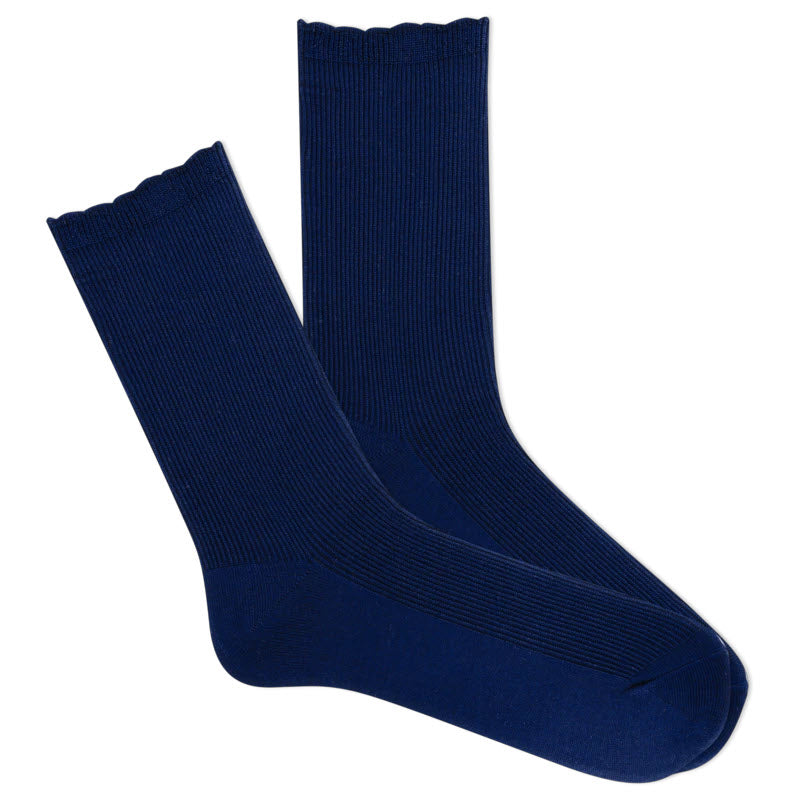 A pair of blue K. Bell Socks crew socks against a white background.