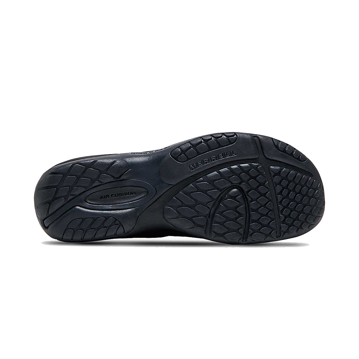 Bottom view of a black Merrell Encore Gust 2 shoe showing the durable outsole tread pattern and &quot;air cushion&quot; label on the sole.