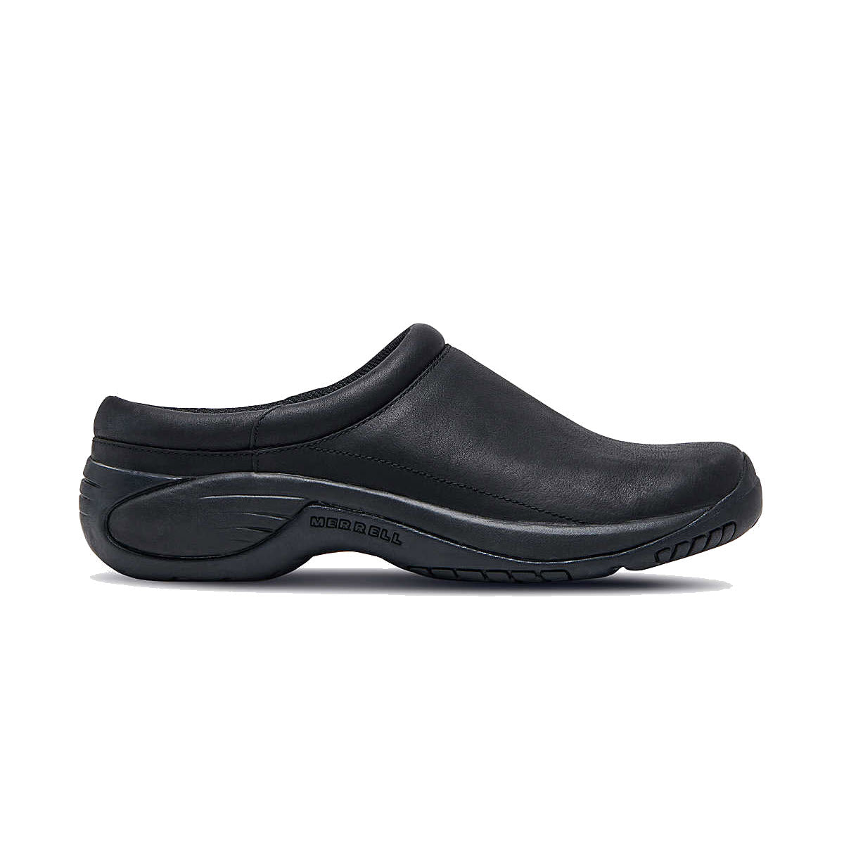 Merrell Encore Gust 2 black smooth slip-on shoe with a low profile sole, displayed on a white background.