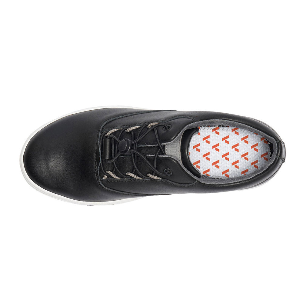 Top view of an Anodyne black lace-up casual sneaker with patterned inner lining.
