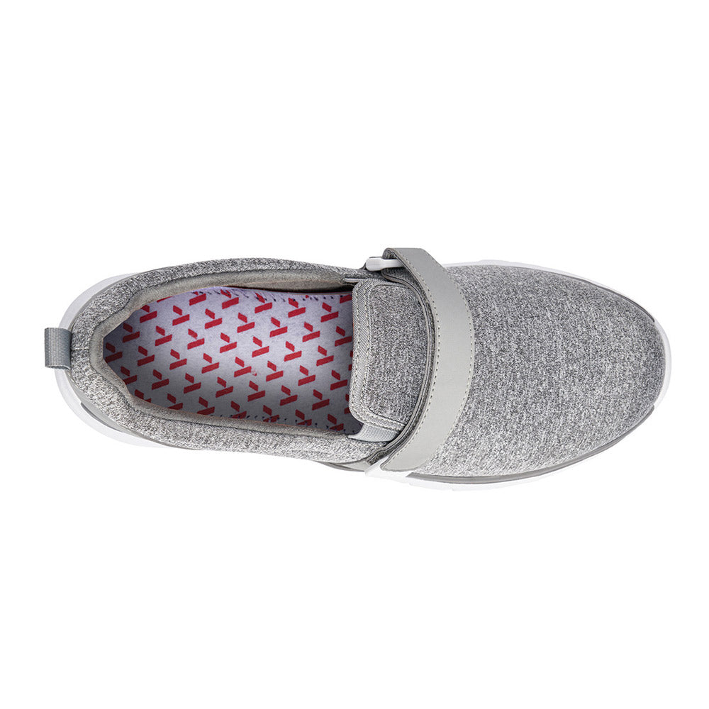 Anodyne silver glittery toddler shoe with hook and loop fastener, red patterned insole, and orthopedic inserts.