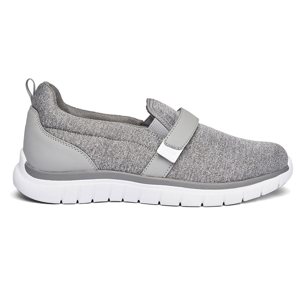 Anodyne gray slip-on sport trainer with a hook-and-loop strap and white sole, designed for orthopedic inserts.
