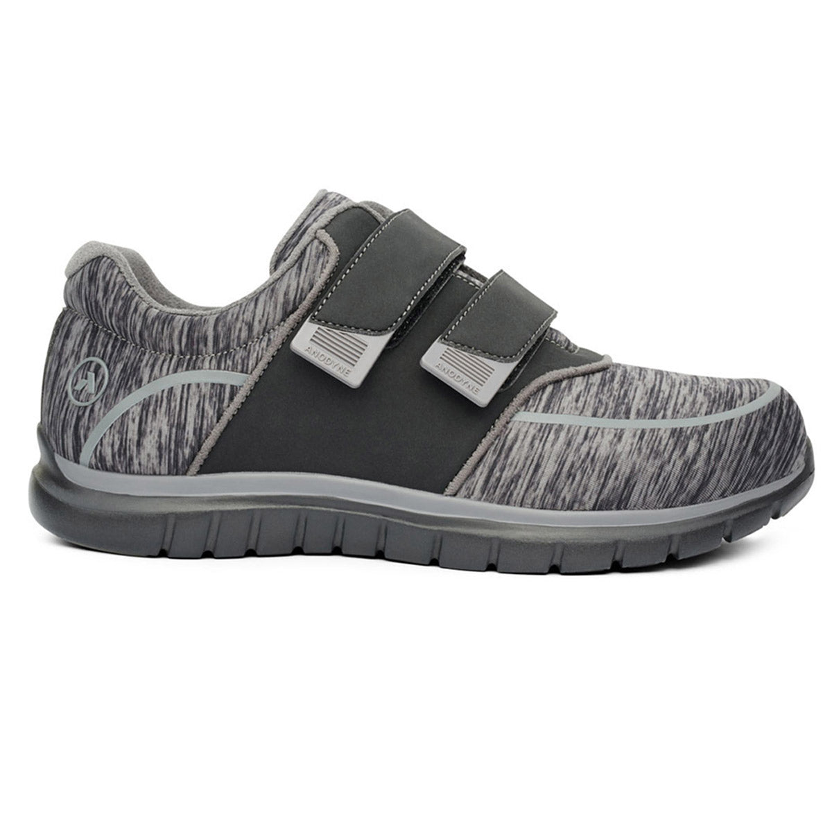 Anodyne gray athletic shoe with hook-and-loop straps and an anti-microbial protectant.