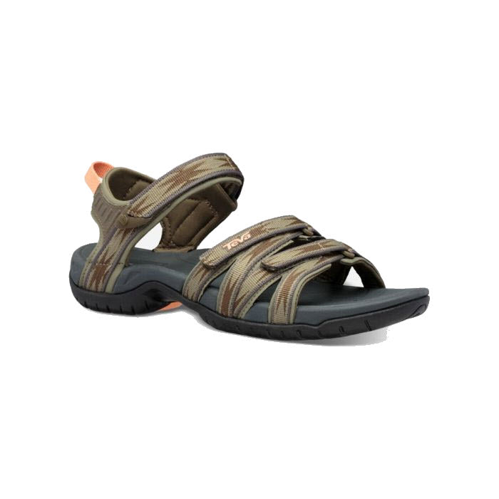 A pair of Teva Tirra Halcon Burnt Olive strappy sport sandals with a black sole and olive and orange accents, ideal as women&#39;s outdoor footwear.