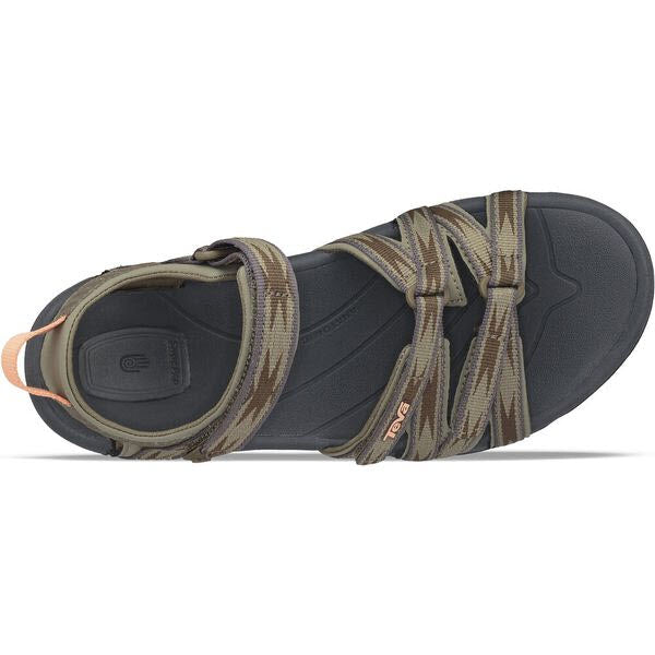 A pair of gray Teva Tirra Halcon Burnt Olive sandals with multicolored straps.
