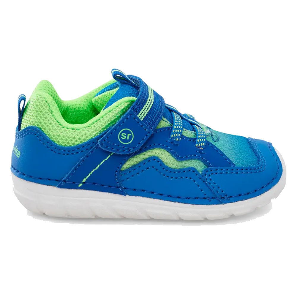 A blue and green Stride Rite Soft Motion Kylo Sneaker, APMA-approved, with a velcro strap.