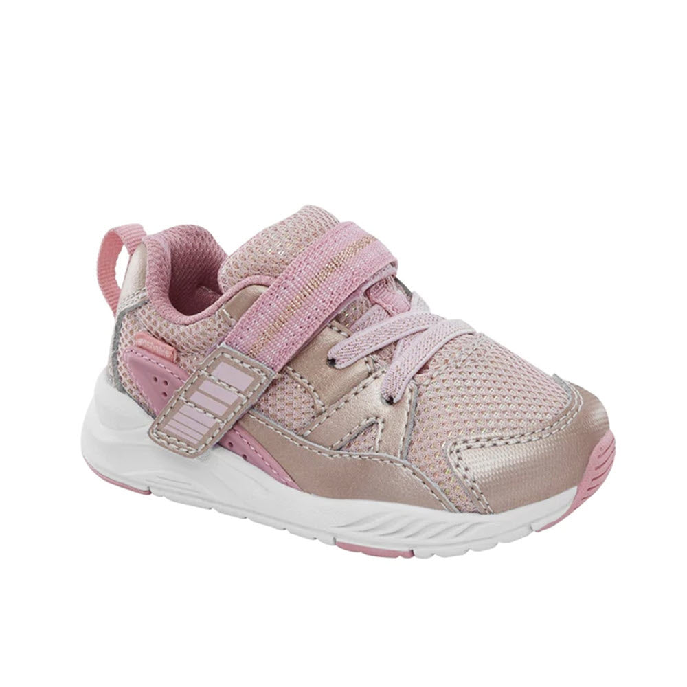 A child's pink and beige Stride Rite M2P Journey 2 Rose Gold sneaker with double hook-and-loop fasteners.