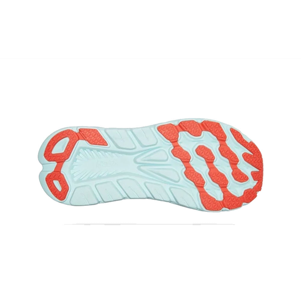 Diagram of a women&#39;s athletic shoe sole with blue and orange tread pattern, showcasing the Hoka Rincon 3 running shoe design.