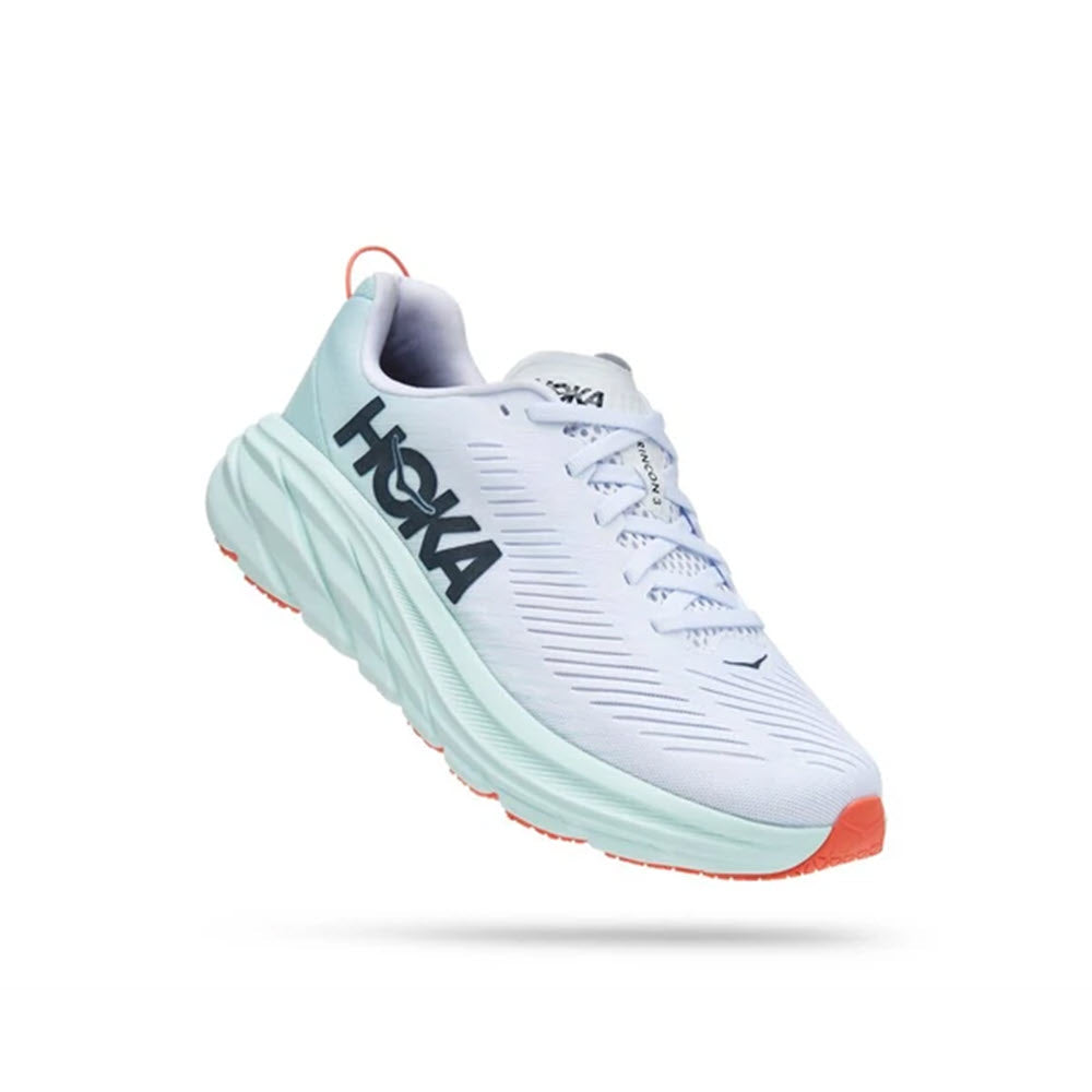 A single light blue and white women’s athletic shoe with the Hoka Rincon 3 brand logo on its side.