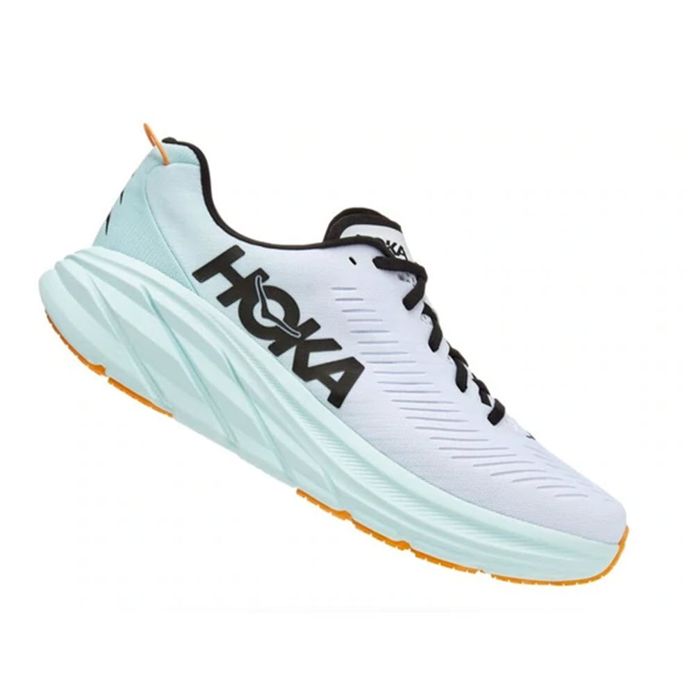 White and teal Hoka Rincon 3 lightweight athletic shoe with thick sole and Meta-Rocker, featuring the brand logo on the side.