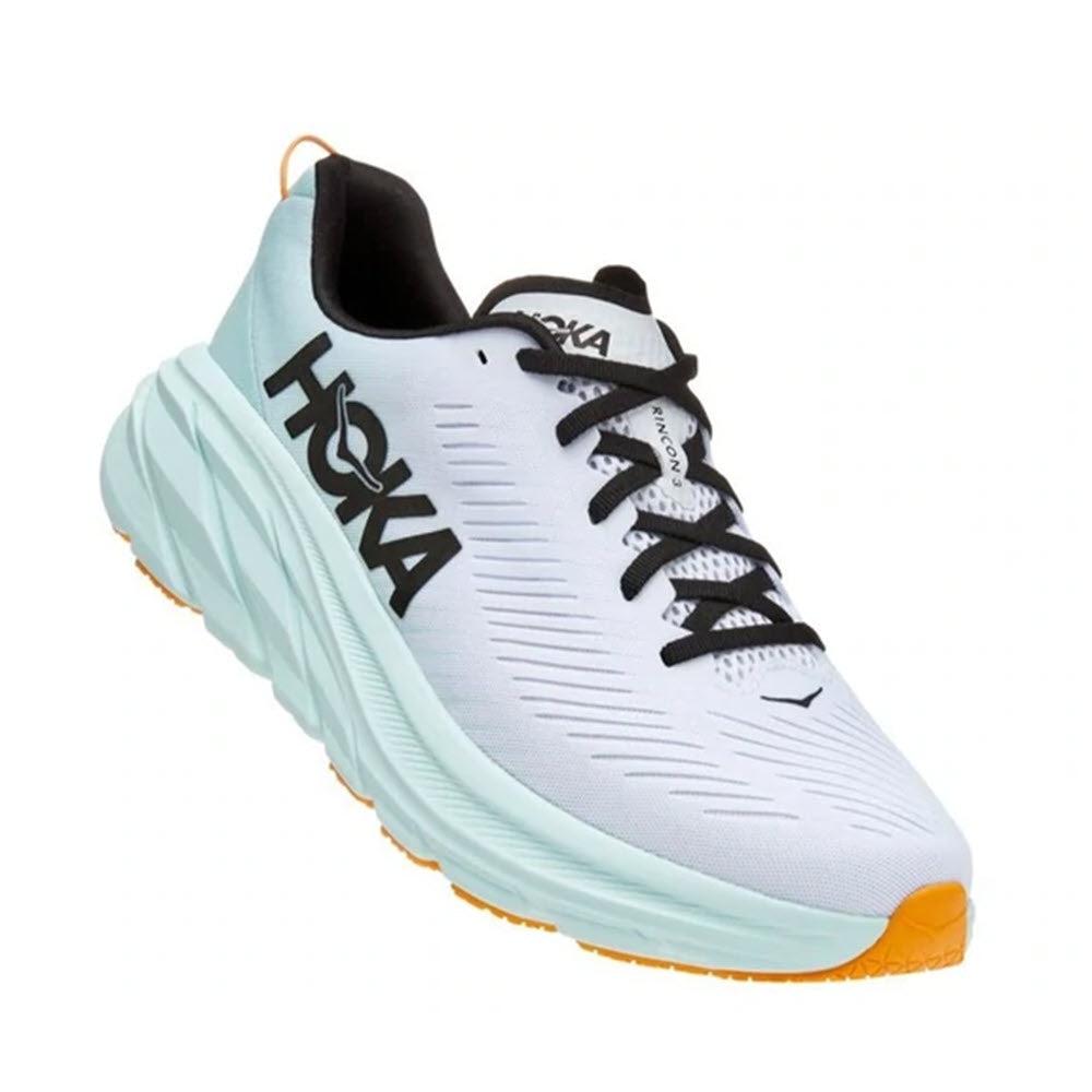 Light blue and white Hoka Rincon 3 running shoe with thick sole.