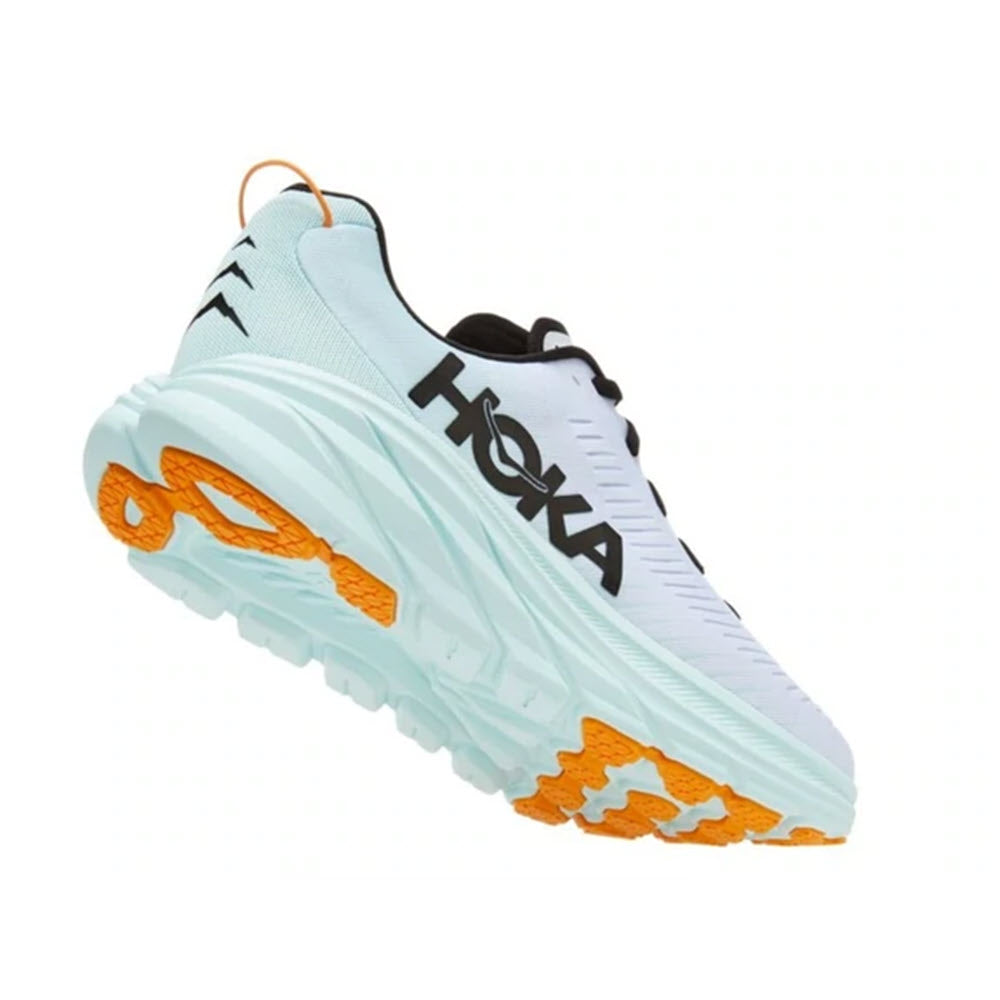 A side view of a light blue and orange Hoka Rincon 3 lightweight athletic shoe with a thick sole.