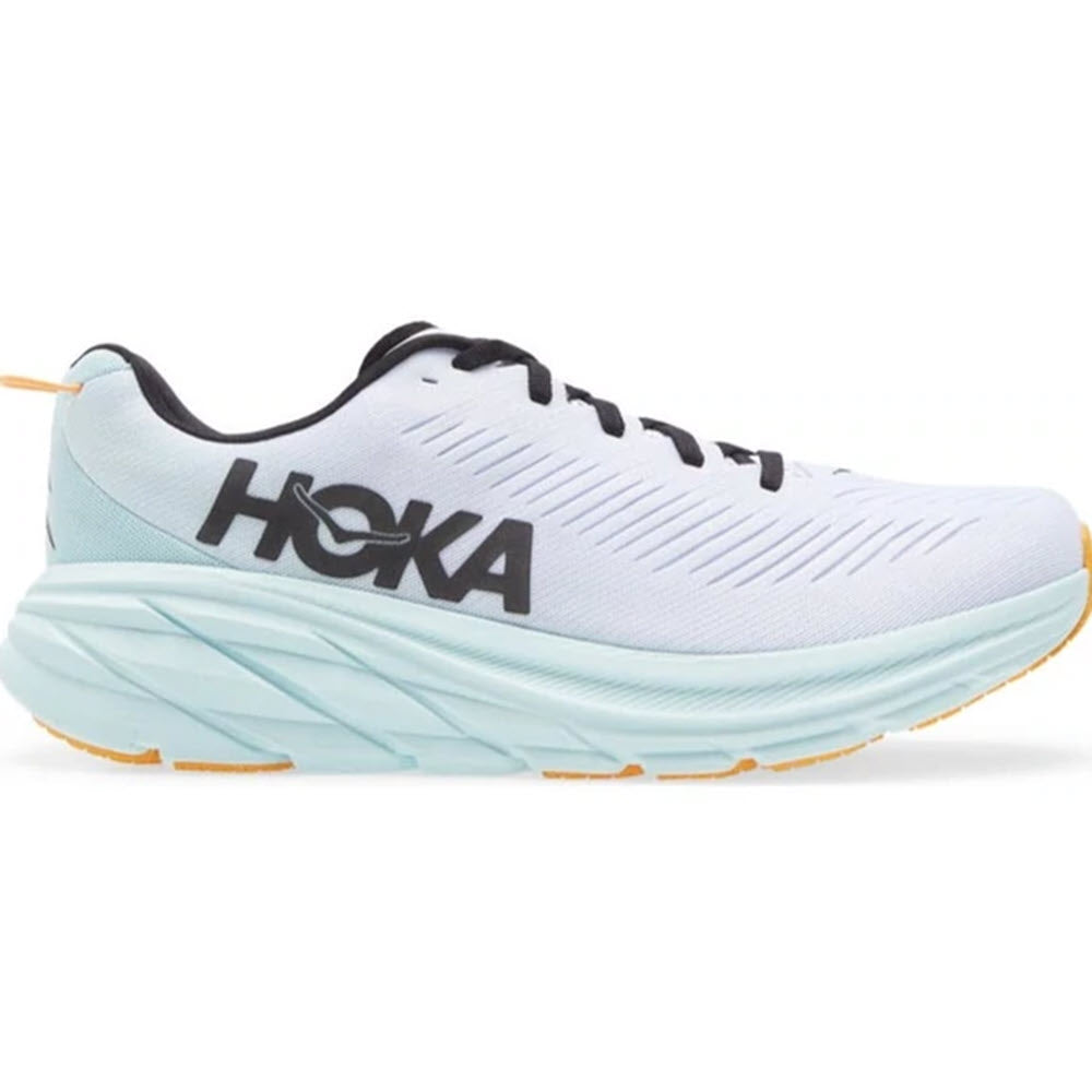 A white and blue HOKA RINCON 3 running shoe with a thick, Meta-Rocker sole.