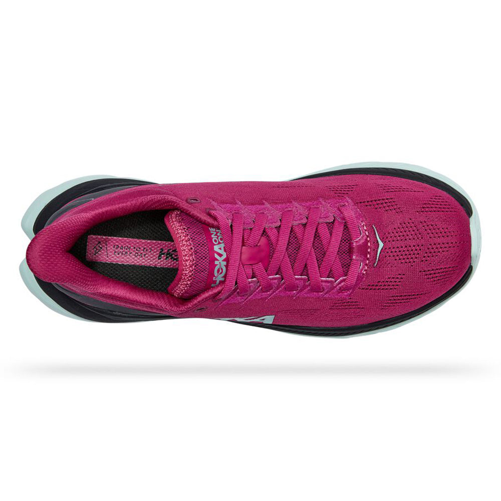 Top view of a single pink Hoka Mach 4 Festival Fuchsia athletic shoe with laces, designed as a women&#39;s everyday trainer.