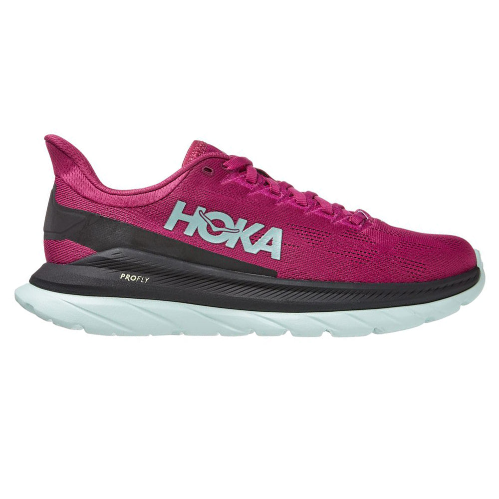 A single pink HOKA MACH 4 FESTIVAL FUCHSIA women&#39;s everyday trainer with a black sole and PROFLY™ midsole white cushioning.